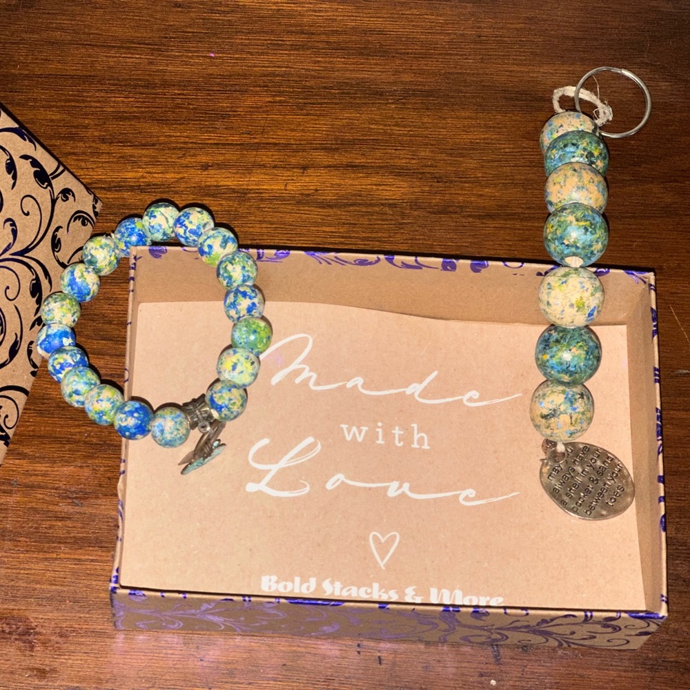 Blue and Green Ocean Color Beaded Bracelet and Keychain Set